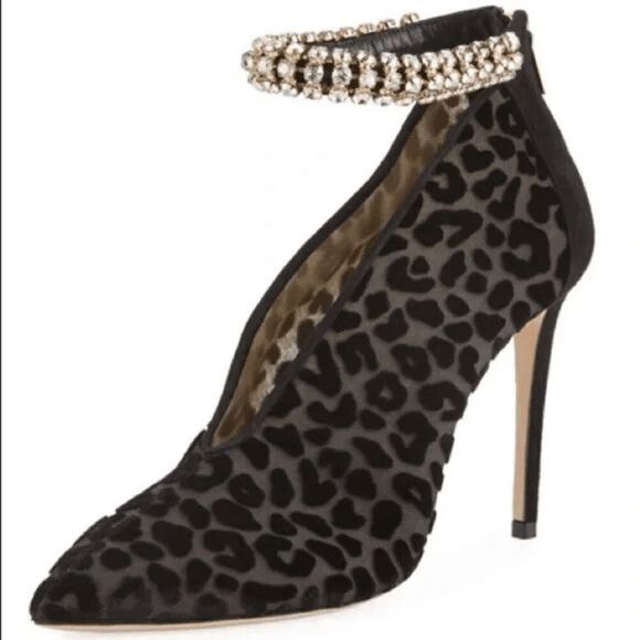 Jimmy Choo Leopard Velvet Lux 100 Vamp Heel Crystal Embellished Strap EU 38.5 - Picture 1 of 12